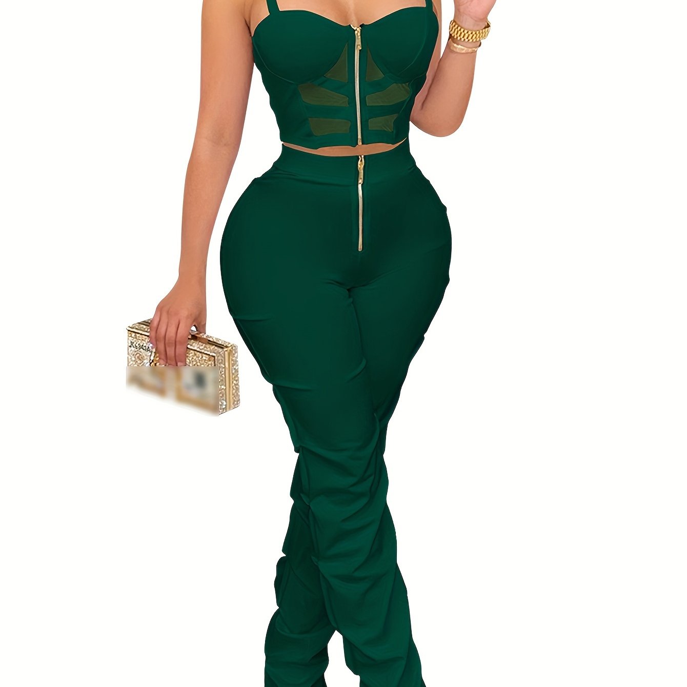 PORRCEY Sexy Solid Color Party Pantsuits, Zipper Front Slim Crop Cami Top & High Waist Ruched Pants Outfits, Women'S Clothing
